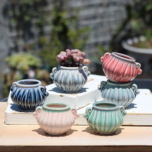 Pot de fleurs <span class=keywords><strong>en</strong></span> céramique respirant de style chinois, avec finition craquelée, pour plantes succulentes, format pouce, à deux poignées - Product Image 4