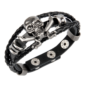 Punk <span class=keywords><strong>Rock</strong></span> Trendy Bracelet pour hommes Non-mainstream Double-Knife Skull Cuir tressé pour mariage ou cadeau - Product Image 1