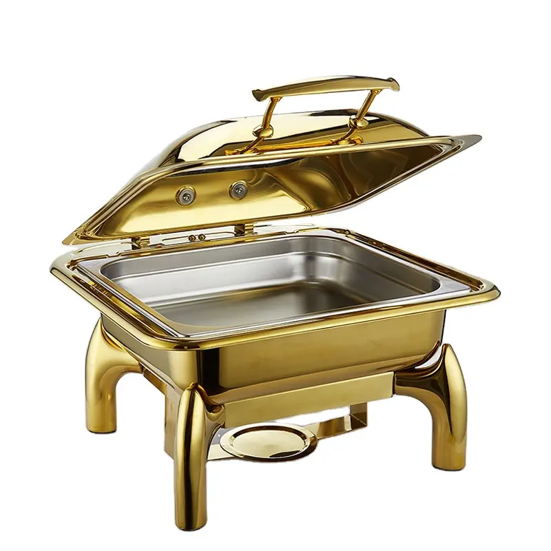 Herramientas y equipos de Catering, roller top chafer dorado, platos de chafado hidráulicos para buffet, calentador de alimentos con tapa de vidrio