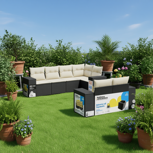 Cream White And Black <b>Rattan</b> Garden <b>Sofa</b> Set 6 Seater Outdoor Furniture Contemporary Design - Product Image 2