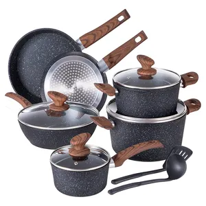 Set peralatan masak granit aluminium Aloi, produk grosir panci dan panci set 12 buah