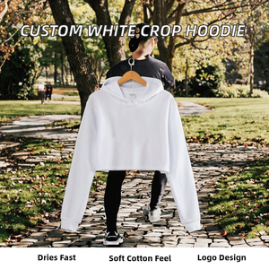Wholesale Custom Logo Women's White Breathable Casual Autumn/Spring Knitted Cotton Cropped Hoodie - Product Image 2