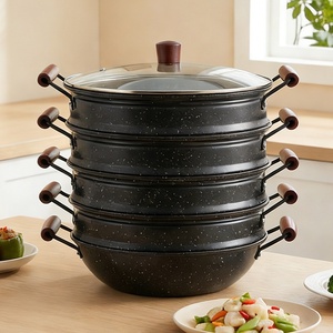 Casserole vapeur à 5 étages en acier au carbone pour la cuisine, 4 niveaux, 30 cm, grande casserole vapeur pour aliments avec poignées en bois et couvercle en verre - Product Image 1