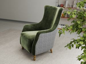 Dual Fabric Upholstered High Back <b>Wing</b> <b>Chair</b> - Luxury Velvet & Casual Striped Linen Accent <b>Chair</b> for Living Room - Product Image 5