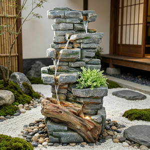 Fuente de agua de roca apilada con base de tronco de árbol, jardinera para plantas, decoración de jardín exterior al por mayor - Product Image 4