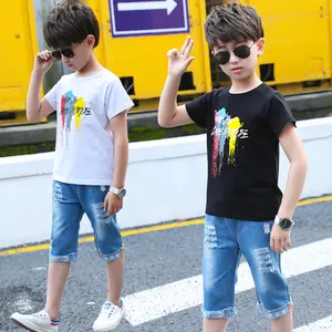 Fashion Summer Black And White Color Kids Boys All Over Print Cotton T-shirt For Children Men With Logo