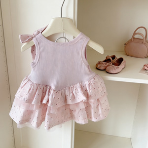 Grazioso <span class=keywords><strong>Vestito</strong></span> Rosa Senza Maniche per Bambine con Orlo Multistrato in Tulle a Pois, Stile Principessa con Laccetti per Bimbe Piccole - Product Image 5