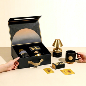 Luxury Rigid Gift <b>Box</b> Set With Gold Foil Design Handle Black Packaging For Tea Mug Lamp And <b>Cards</b> - Product Image 1