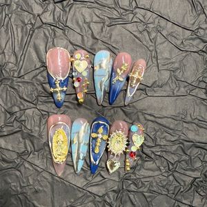 <span class=keywords><strong>Uñas</strong></span> <span class=keywords><strong>Postizas</strong></span> Acrílicas Hechas a Mano, Estilo Francés, con Diseño de Flores Talladas, 10 Piezas, Cobertura Completa, Pre-Adhesivas - Product Image 3