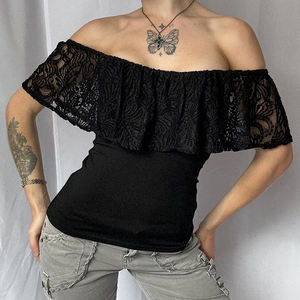 Camiseta Chic de Mujer con Hombros Descubiertos, Sin Cuello, de Encaje, Ajuste Regular, Elegante, de Manga Corta, Tejida, con Estampado Digital, Estilo Bodycon, para Verano - Product Image 4