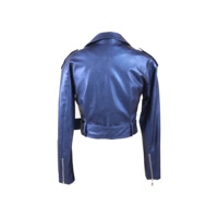 Jaket kulit PU wanita, jaket kulit PU biru Bias pita ritsleting dengan sabuk gesper ganda pola Solid dekorasi kancing gaya pengendara sepeda motor wanita