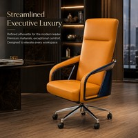 Silla de Oficina Giratoria de Lujo, Cuero Naranja, Estructura de Fibra de Carbono Azul, Reposabrazos Fijos, Respaldo Alto, Personalizable OEM ODM, Venta al Por Mayor