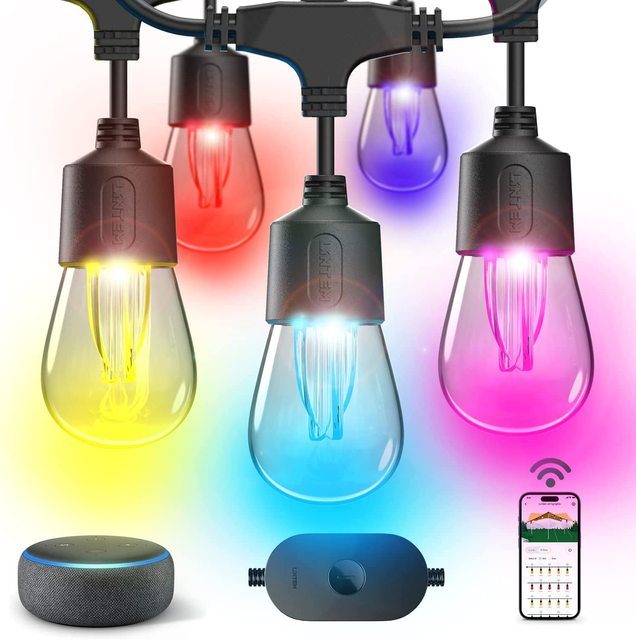 Smart Outdoor String Lights IP65 Waterproof WiFi APP Control Outdoor String Lights Work with Alexa