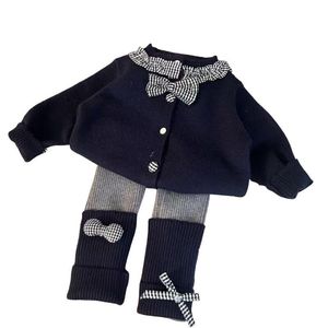 Tongxingyuan Girls' Navy Blue Sweater Cardigan With Bow Gray Leggings Two Piece Set Autumn Cotton Outfit - Product Image 3