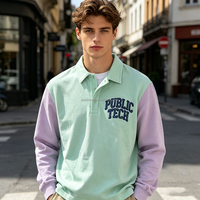 Private Label T-Shirt Hersteller Maßgeschneidertes Kettenbesticktes Langarm Farbblock Übergroßes T-Shirt mit Umlegekragen für Herren