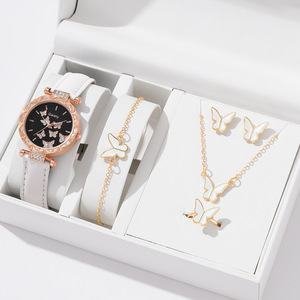 Montre-bracelet de luxe pour femme, ensemble collier, boucles d'oreilles et bague en strass, bracelet en cuir, mouvement à quartz, montre décontractée pour femme, vente chaude - Product Image 5
