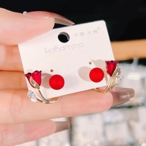 Two Wear <b>Earrings</b> Diamond <b>Crystal</b> Ginkgo Red Flower Pearl Tulip <b>Stud</b> <b>Earrings</b> for Women - Product Image 3