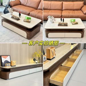 Modern Minimalist Coffee Table <b>Set</b> With Storage 1.3M <b>Square</b> Top For Living Room Chinese Style Cream Wood Finish - Product Image 4