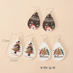 Christmas Teardrop Wood Earrings With Santa And Tree Patterns <b>Drop</b> Earrings For Girls Gift - Product Image 2