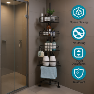 Estante de Ducha de Acero al Carbono de 4 Niveles con Barra para Toallas, Ahorro de Espacio, Instalación sin Taladro, Negro Mate - Product Image 2