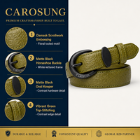 Ceinture pour homme Carosung en cuir véritable vintage décontractée, motif damassé vert olive, boucle noire mate, largeur 3,5 cm