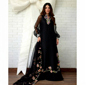 Caftán Negro con Bordado Floral para Mujer, Abaya Larga con Mangas de Malla, Vestido para el Festival Eid Al Fitr - Product Image 1