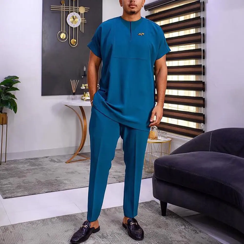 Custom African National Style Short Sleeve Leisure Home Travel Suit Crewneck Blue Men's Sets