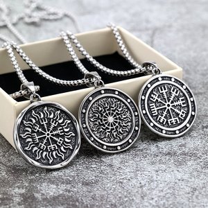 Vintage Stainless Steel Viking <b>Compass</b> Pendant Necklace Unisex Geometric Design Gift Jewelry - Product Image 1