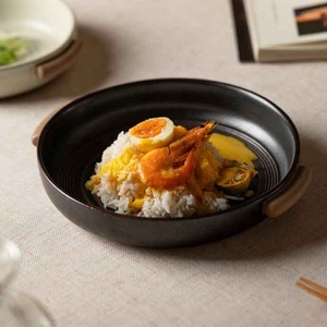 Assiette de service <span class=keywords><strong>en</strong></span> porcelaine vintage à texture spirale, <span class=keywords><strong>plat</strong></span> de cuisson <span class=keywords><strong>en</strong></span> céramique avec poignées latérales, grand <span class=keywords><strong>plat</strong></span> noir résistant <span class=keywords><strong>au</strong></span> <span class=keywords><strong>four</strong></span> - Product Image 3
