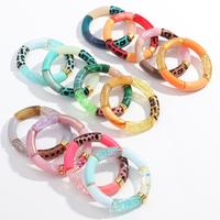 Bracelet vintage pour femme en bambou, perles colorées en marbre, intercalaires dorés scintillants, bracelet élastique en acrylique imprimé léopard