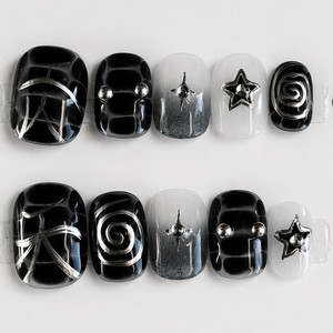 Faux ongles à presser noirs et blancs en forme d'amande, motif étoile 3D spirale géométrique, couverture complète pour femmes - Product Image 1