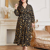 Robe longue élégante pour femme grande taille, imprimé plumes dorées, tissée, col en V, manches longues, ourlet évasé à volants, couleur contrastante, naturelle