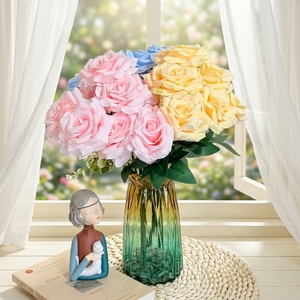 Bouquet de fleurs artificielles en soie de qualité supérieure, 9 têtes de roses diamantées, réalistes, décoration de centre de table de mariage de luxe - Product Image 3