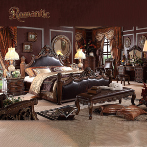 Ensemble <span class=keywords><strong>de</strong></span> meubles <span class=keywords><strong>de</strong></span> chambre à coucher <span class=keywords><strong>de</strong></span> luxe européen avec <span class=keywords><strong>lit</strong></span> en bois massif artisanal, revêtement en cuir <span class=keywords><strong>de</strong></span> qualité supérieure et design classique - Product Image 2