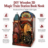 Hamaileon Puzzle Kayu Stasiun Kereta Ajaib Rak Buku Miniatur DIY Model Kit Kerajinan Gotik dengan Lampu LED Hadiah