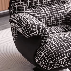 Fauteuil d'appoint pivotant moderne en velours à carreaux noir et blanc, avec pieds en bois, design ergonomique pour salon et salle à manger - Product Image 3