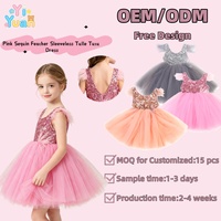 Robe tutu rose à paillettes pour enfants, sans manches, avec décorations en plumes, jupe en tulle moelleuse, robe de fête d'anniversaire pour petites filles