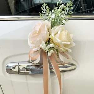 Maçaneta de porta de carro com flores para decoração de casamento, acessórios criativos feitos sob medida para decorar espelho retrovisor com flores artificiais