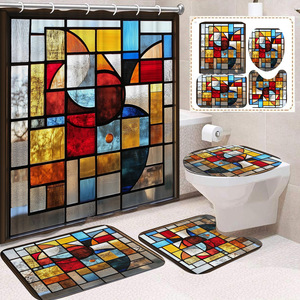 Rideau de douche en polyester motif bois foncé et verre teinté diamant, ensemble rideau et tapis de salle de bain, impression numérique, vente en gros - Product Image 4