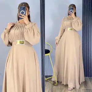 ODM Fashion Simple Middle East Dress Solid Chiffon Round Neck Long Sleeve Pleated Dress With Belt