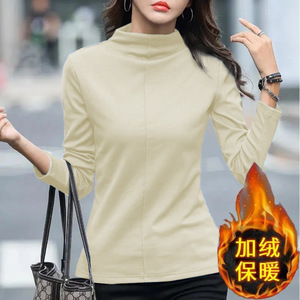 Women High Neck Long Sleeve Base Layer Shirt Solid Color Fleece Warm Autumn Winter Top - Product Image 1