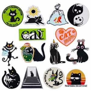 New Iron on Cute Embroidery Funny <b>Black</b> cat Pet Patch for Clothes Bag Decoration - Product Image 1