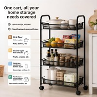 Étagère de rangement métallique portable à quatre niveaux pour la cuisine, avec roulettes silencieuses, freins et système de roues ; mobile sur roulettes