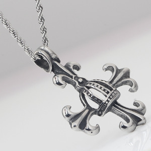European American Retro Cross <b>Crown</b> Pendant Necklace Steel Colored 55cm Unisex Fashion Jewelry - Product Image 3
