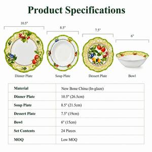 Service de table 24 pièces en porcelaine New Bone China In-glaze, motif Jardin et <span class=keywords><strong>Verger</strong></span>, bord festonné vert, assiettes et bols à motif de fruits pour 6 personnes - Product Image 4