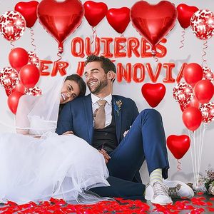 Kit de ballons pour proposition de mariage en espagnol « Quieres Ser Mi Novia », ballons en forme de cœur rouge avec confettis de pétales de rose, ensemble de ballons pour décoration de fête de fiançailles - Product Image 3
