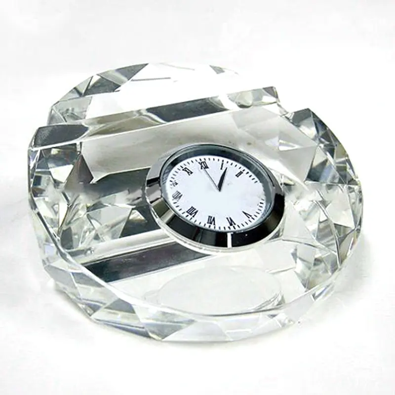 Noble K9 Optical Logo Engraved Crystal Paperweight Business Card Holder with Clock