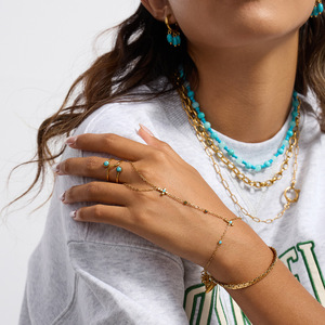 Bracelet en acier inoxydable plaqué or 18 carats avec motif croix turquoise bleue pour cadeau bijoux - Product Image 3