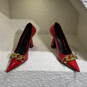 Zapatos de Tacón con Punta Puntiaguda y Cadena de Estilo Occidental, Zapatos Sexys de Piel Auténtica para Mujer, Zapatos de Primavera y Verano, Sin Cordones, para Caminar, Talla 43 - Product Image 4