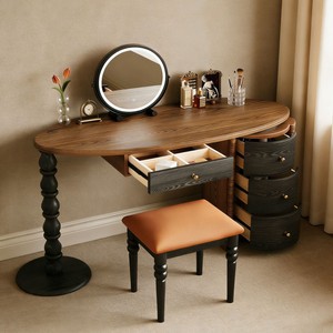 Solid Wood Dressing <b>Table</b> With <b>Mirror</b> And Stool French Retro Style Bedroom Makeup <b>Vanity</b> Storage Cabinet - Product Image 3